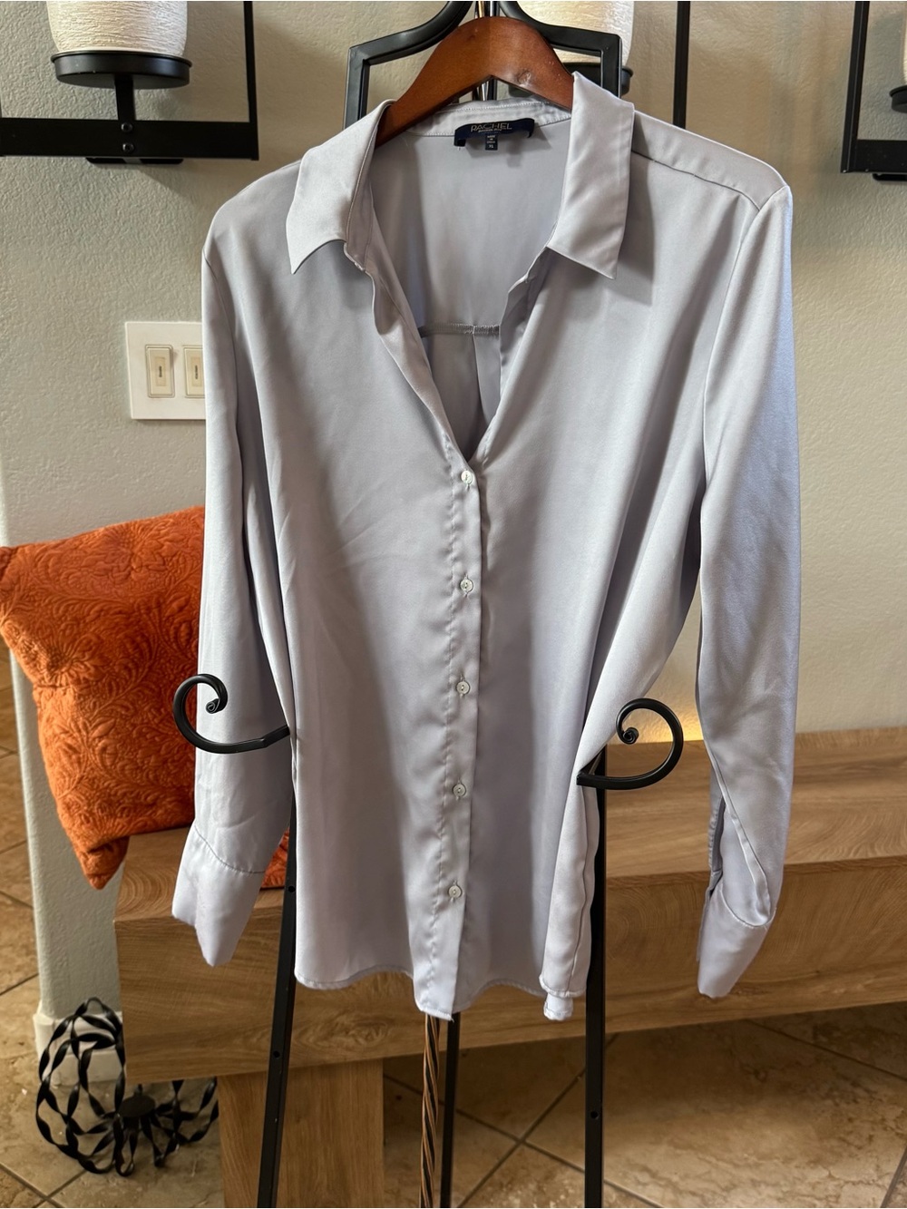 RACHEL Rachel Roy Light Gray Satin Button-Down Shirt